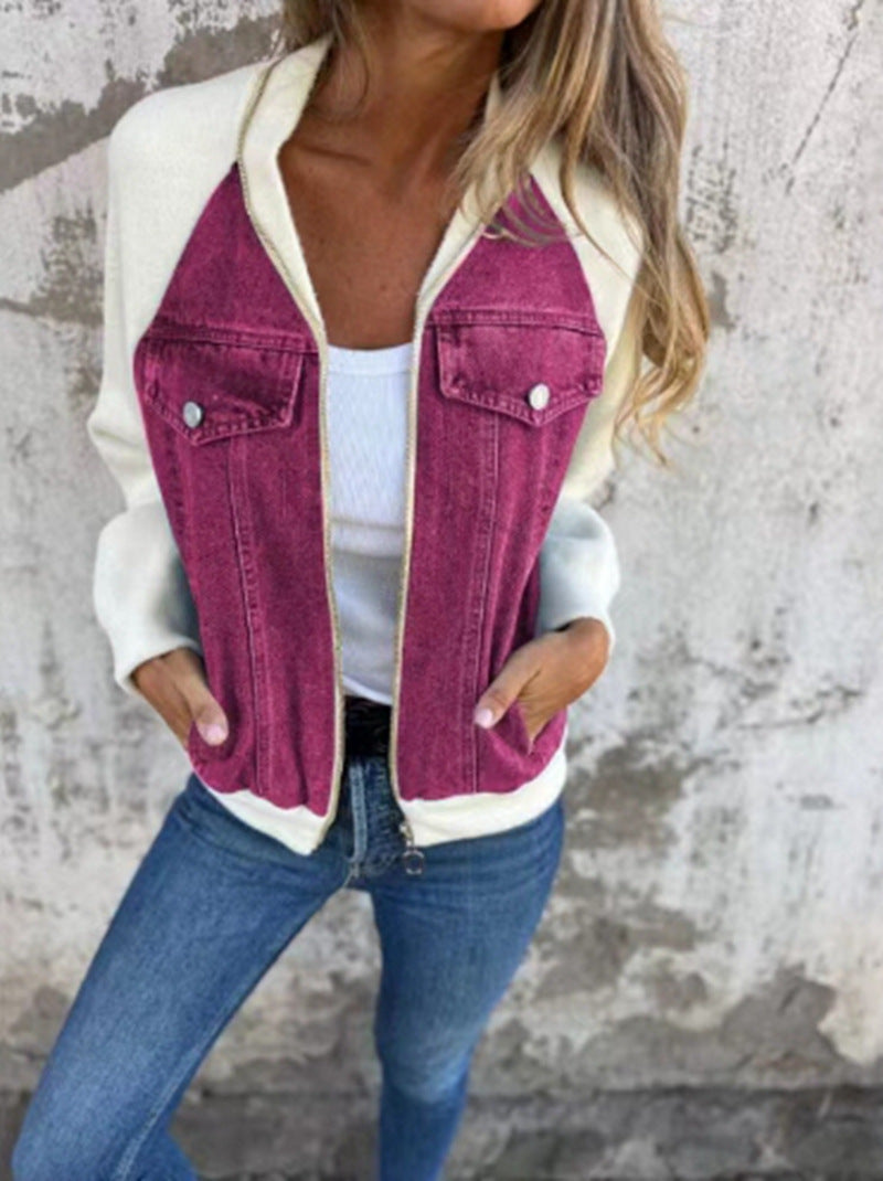 Damen lässige Sweaterjacke mit Denim-Style und Fleeceärmeln EB