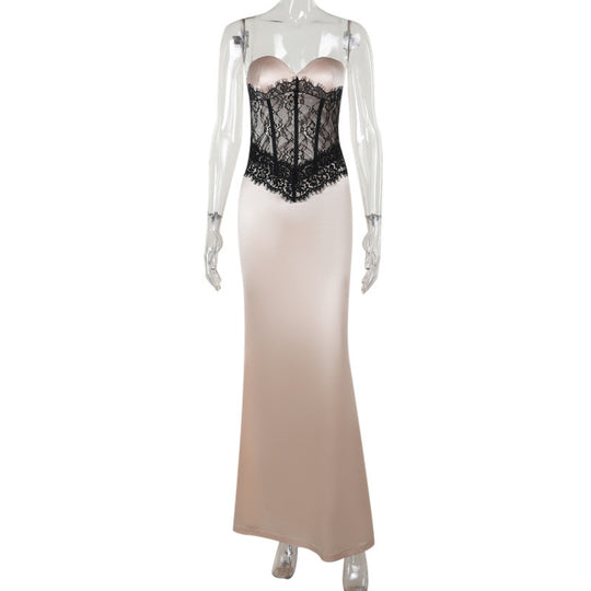 Damen Langarm-Boudoir-Kleid mit Spitzenoberteil EB