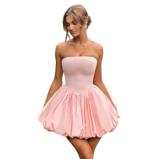 Damen trägerloses Cocktailkleid mit voluminösem Rock und edlem Satin-Finish EB