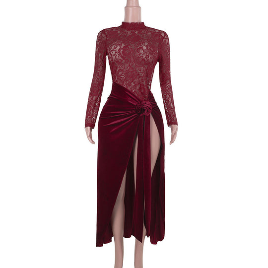 Damen Elegantes Spitzen- und Samt-Abendkleid mit hohem Schlitz und dekorativem Gürtel EB