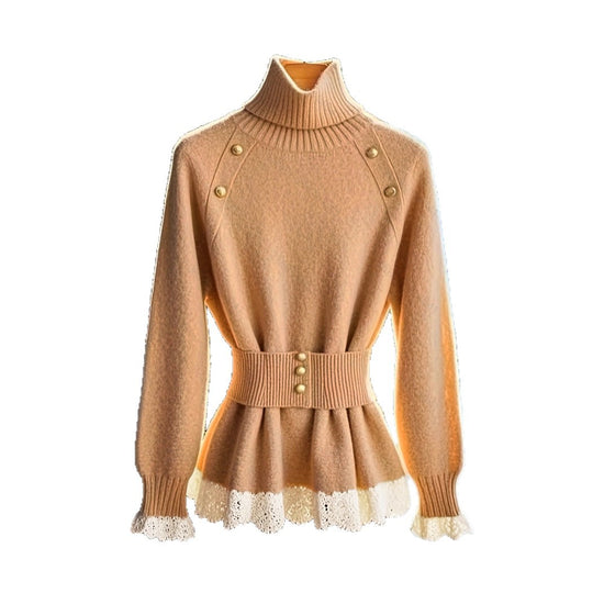 Damen eleganter Strickpullover mit hochgeschlossenem Kragen und dekorativen Knopfdetails EB