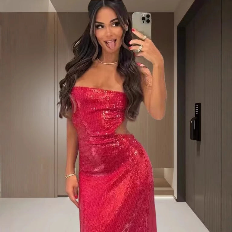 Damen Maxikleid mit glitzernden Pailletten und elegantem Schnitt EB