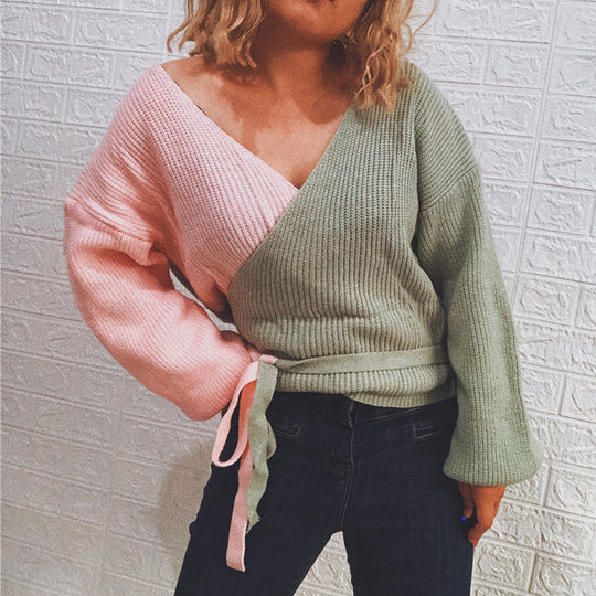 Damen Wickelpullover mit elegantem Rippdesign und modischen Bindebändern EB