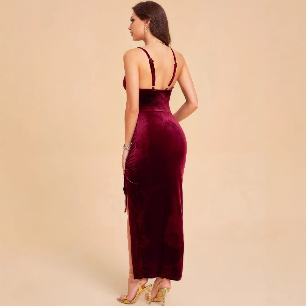 Damen Elegantes Samtmaxikleid mit anpassbarem Schlitz und raffinierter Raffung EB