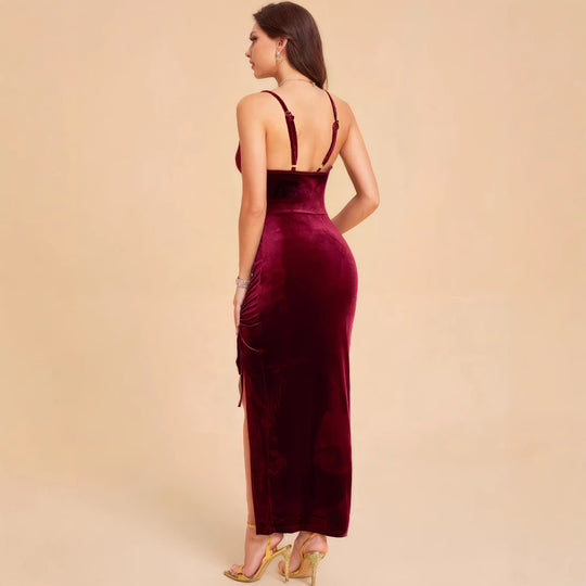 Damen Elegantes Samtmaxikleid mit anpassbarem Schlitz und raffinierter Raffung EB