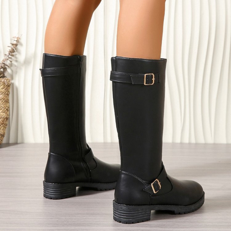 Damen modische Longboots mit eleganter Schnalle und robustem Profilsohle EB