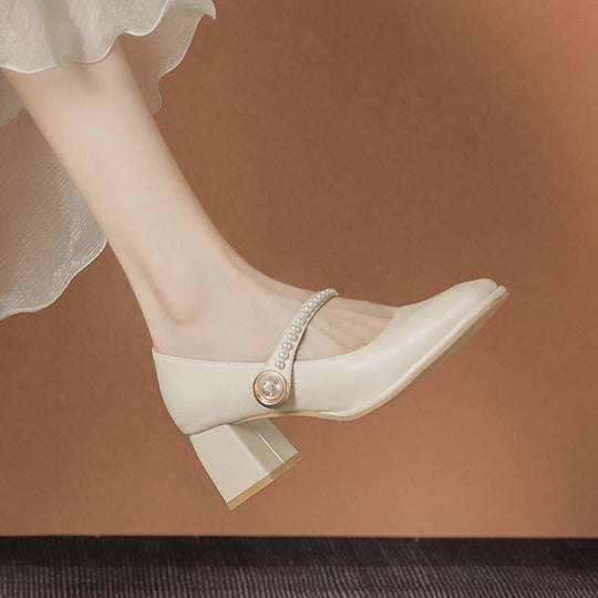 Damen Mary Jane Pumps mit elegantem Perlenschmuck und Blockabsatz EB