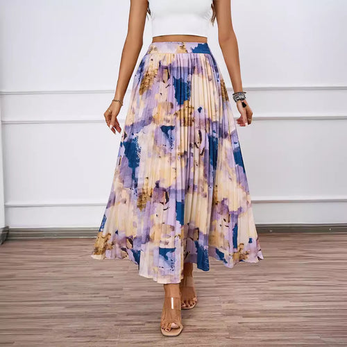 Damen Plissee-Rock mit farbenfrohem Aquarell-Muster und eleganter Taille EB