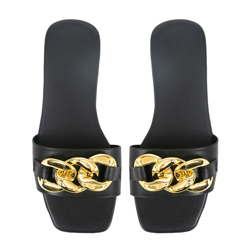 Damen elegante Mules mit goldfarbenem Kettenakzent EB