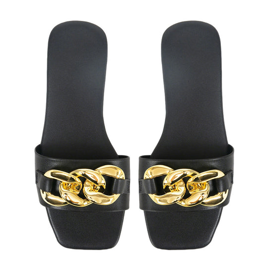 Damen elegante Mules mit goldfarbenem Kettenakzent EB