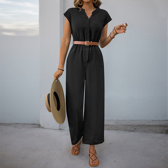 Damen eleganter Jumpsuit mit weitem Bein und taillierbarem Gürtel EB