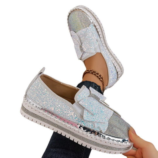Damen Glitzernde Slip-On Sneakers mit funkelndem Schleifendesign und rutschfester Sohle EB