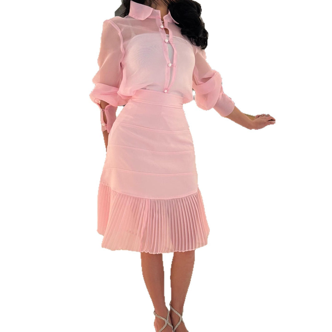 Damen Blusenkleid mit transparenten Ärmeln und Plissee-Rock EB
