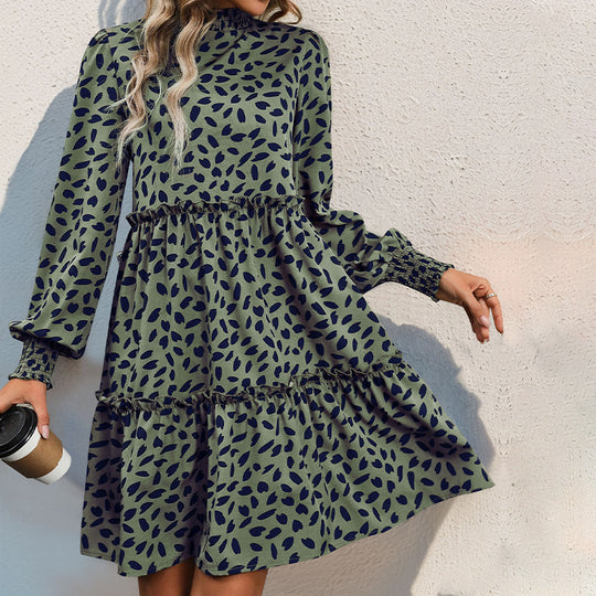 Damen lässiges Kleid mit gerafftem Design und eleganten Puffärmeln EB