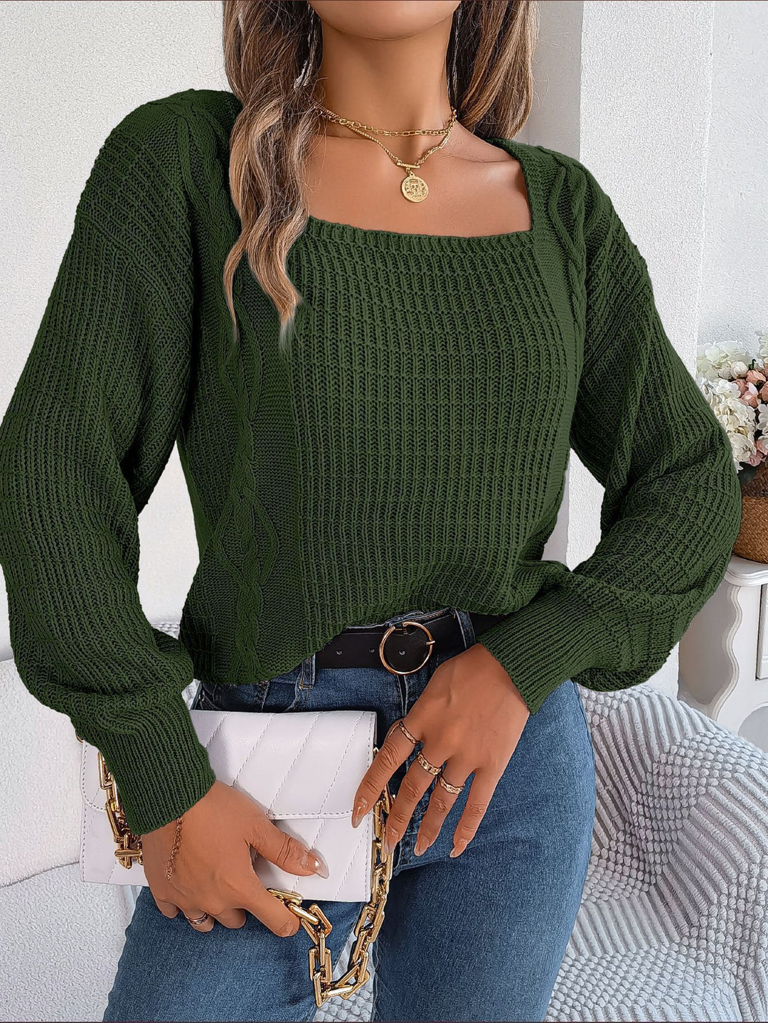 Damen Grobstrickpullover mit quadratischem Ausschnitt und voluminösen Ärmeln EB