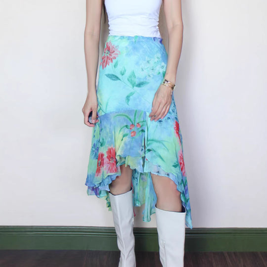 Damen asymmetrischer Rüschenrock aus floralem Chiffon EB