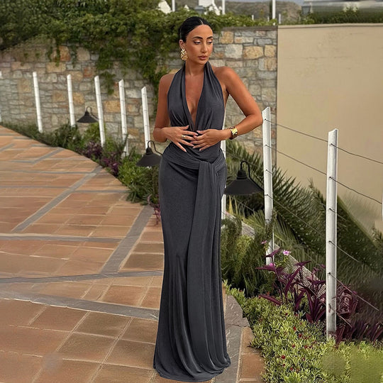 Damen elegantes Wickelkleid mit tiefem V-Ausschnitt und fließendem Schnitt EB