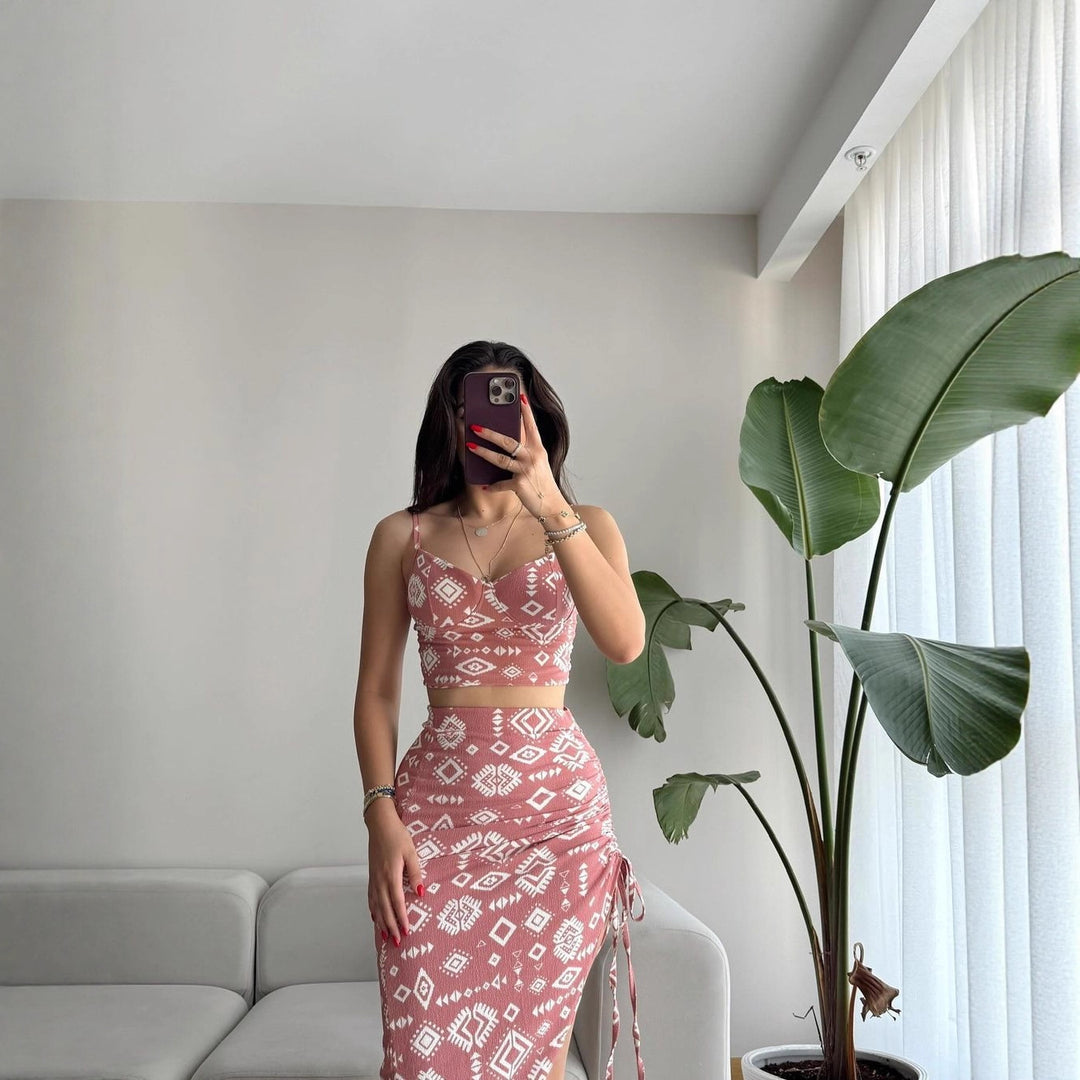 Damen Set aus Crop-Top und Knielangem Rock mit Raffungen EB