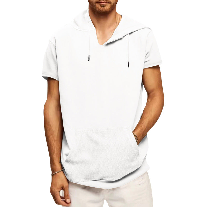 Herren nan lässiges kurzärmeliges Kapuzen-Shirt im weiten Schnitt mit Kängurutasche und Kordelzug EB