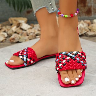Damen Flache Riemchensandalen mit geflochtenem Design und modischem Farbakzent EB