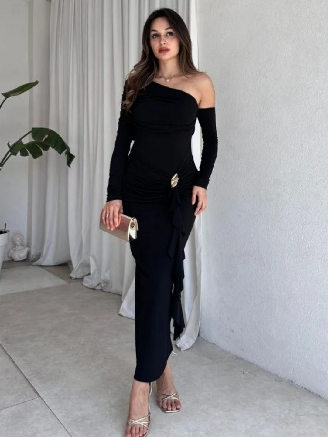 Damen elegantes Wickelkleid mit asymmetrischem Design und raffinierten Drapierungen EB