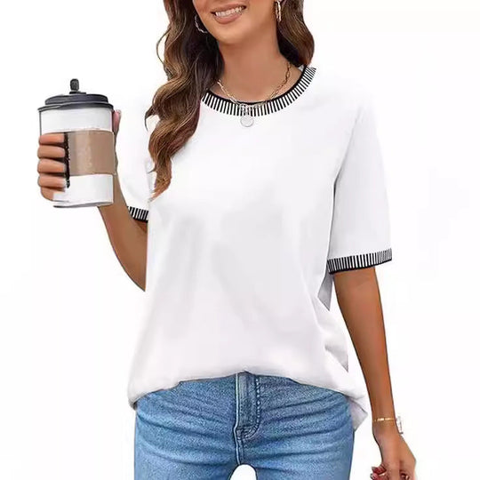 Damen Lässiges Kurzarm-Shirt mit Modischem Streifenkragen EB