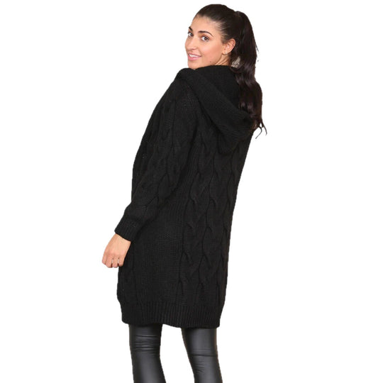 Damen Großer Strickmantel mit Kapuze und Zopfmuster EB