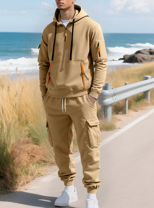 Herren nan lässiger Halbzip Hoodie mit Kängurutasche und Cargo Jogginghose mit Reißverschlussdetails EB