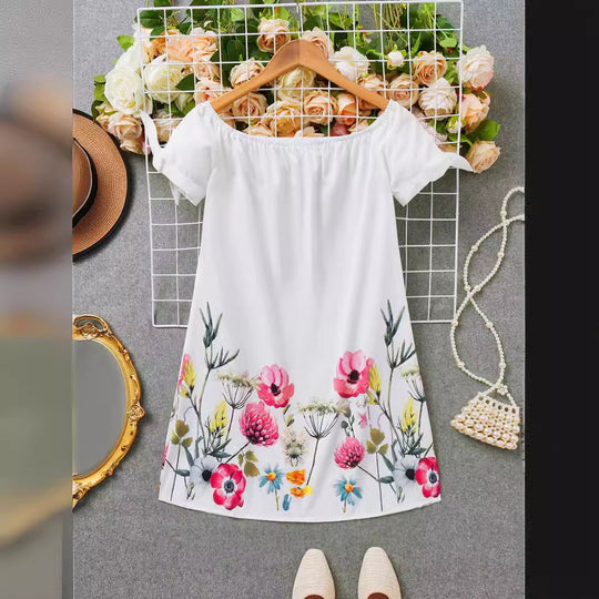 Damen Off-Shoulder Blumenkleid mit Rüschendetails und A-Linien-Schnitt EB