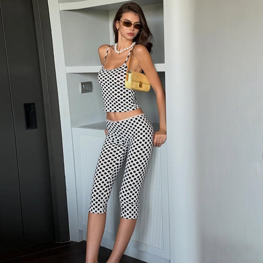 Damen modisches Polka-Dot-Outfit Set mit Crop-Top und knöchellangen Leggings EB