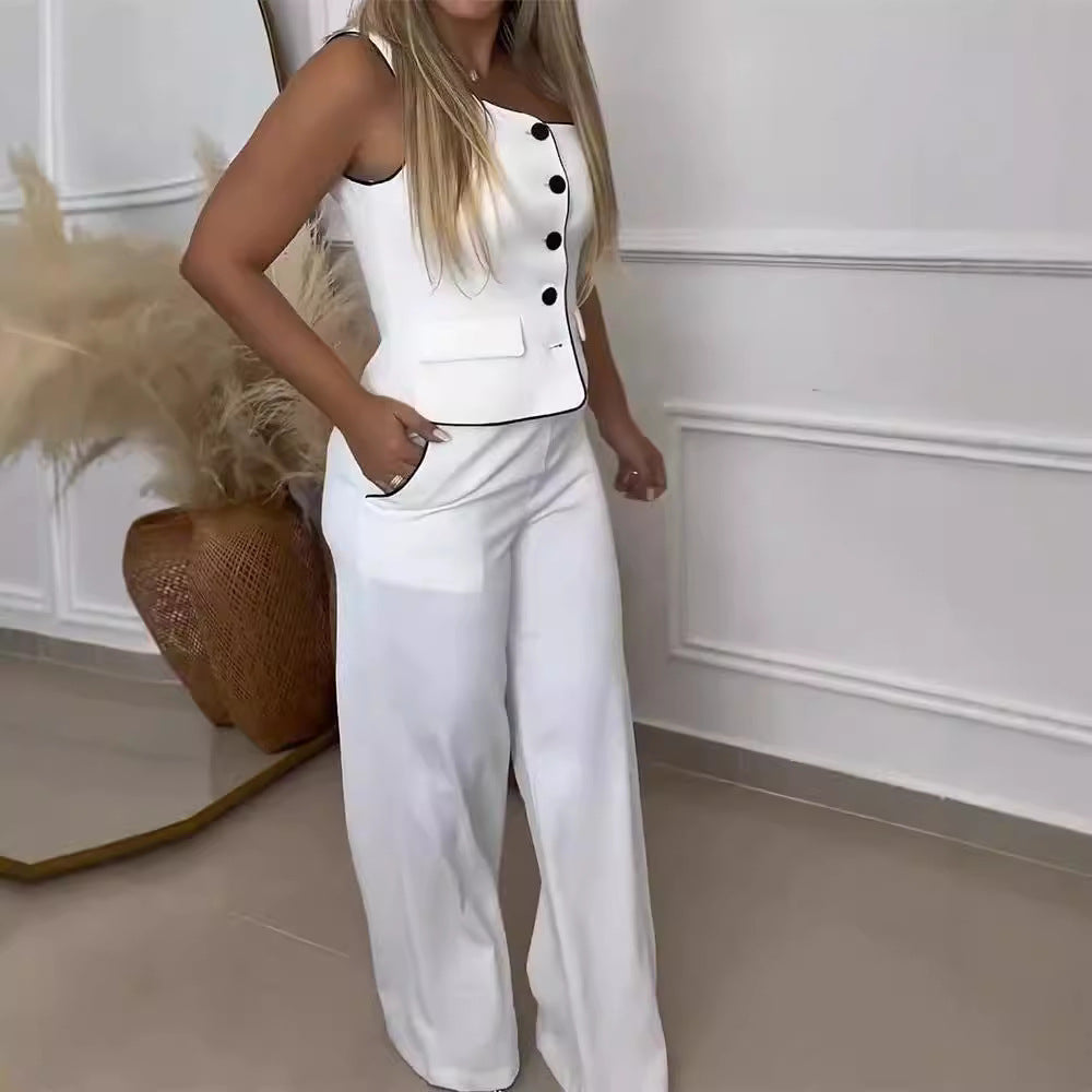 Damen Elegantes Zweiteiliges Outfit mit Schmuckknöpfen und weit geschnittenen Hosen EB