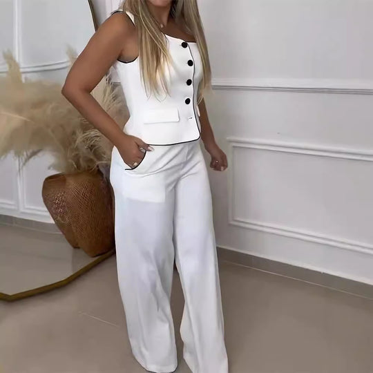 Damen Elegantes Zweiteiliges Outfit mit Schmuckknöpfen und weit geschnittenen Hosen EB