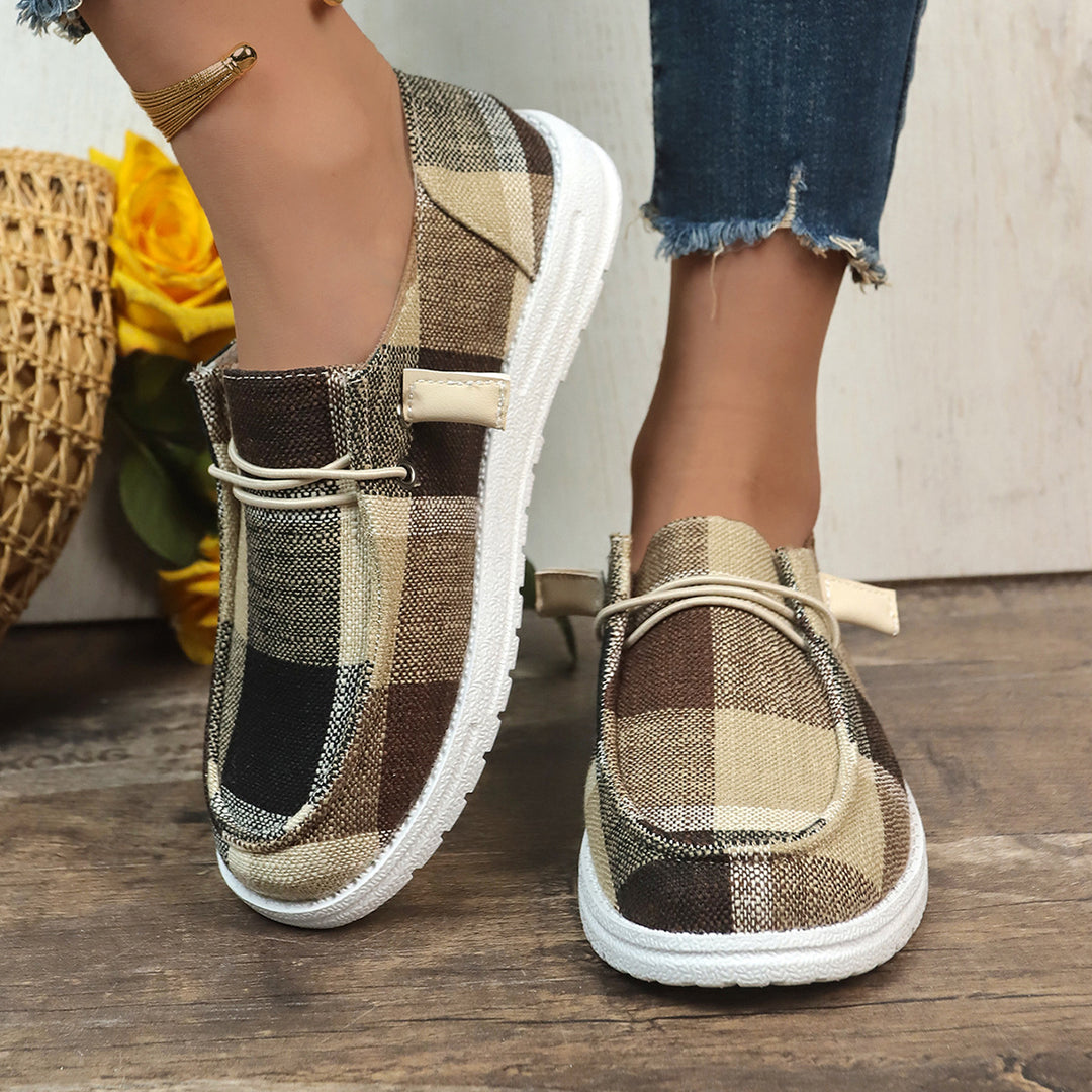 Damen Mokassin-Slipper mit kariertem Obermaterial und modischem Schnürdetail EB