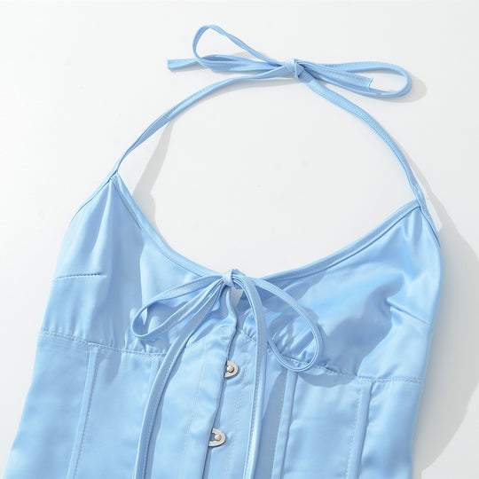 Damen Satin-Nachtkleid mit dekorativen Bindebändern und Knopfleiste EB