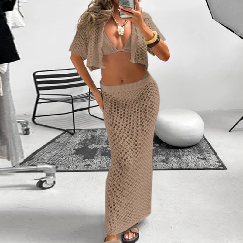 Damen gehäkeltes Crop-Top und Maxi-Rock Set EB