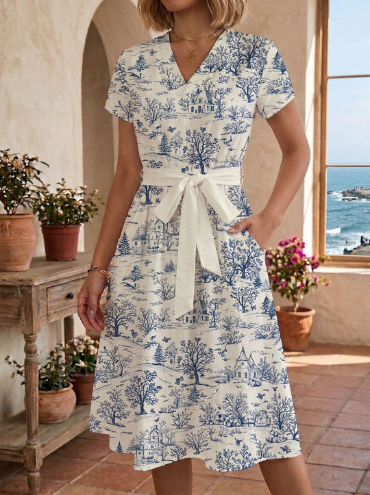 Damen Sommerliches Kleid mit taillierbarem Bindegürtel und floralem Muster EB