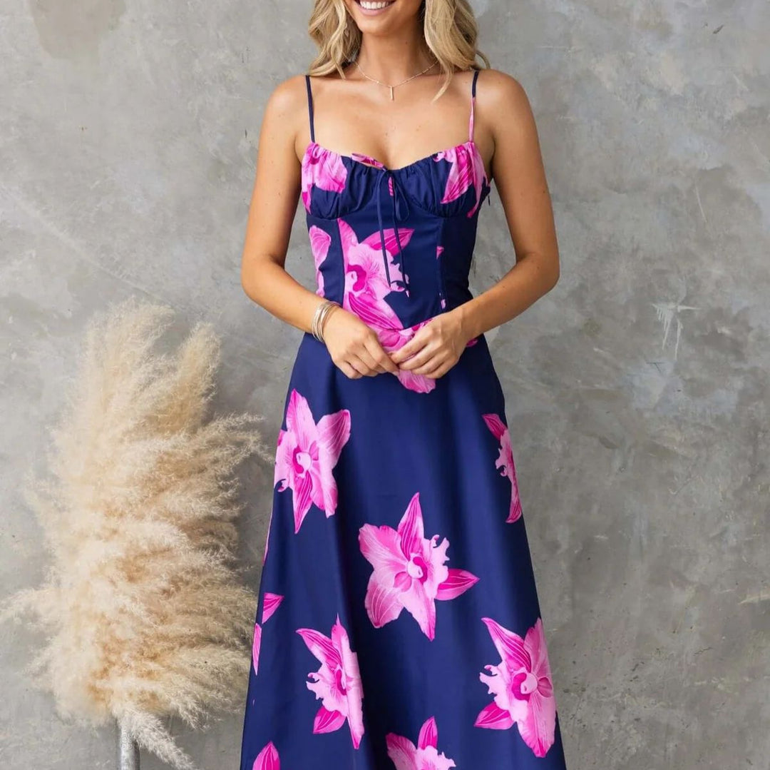 Damen Maxikleid mit floralem Muster und raffiniertem Rüschendetail EB