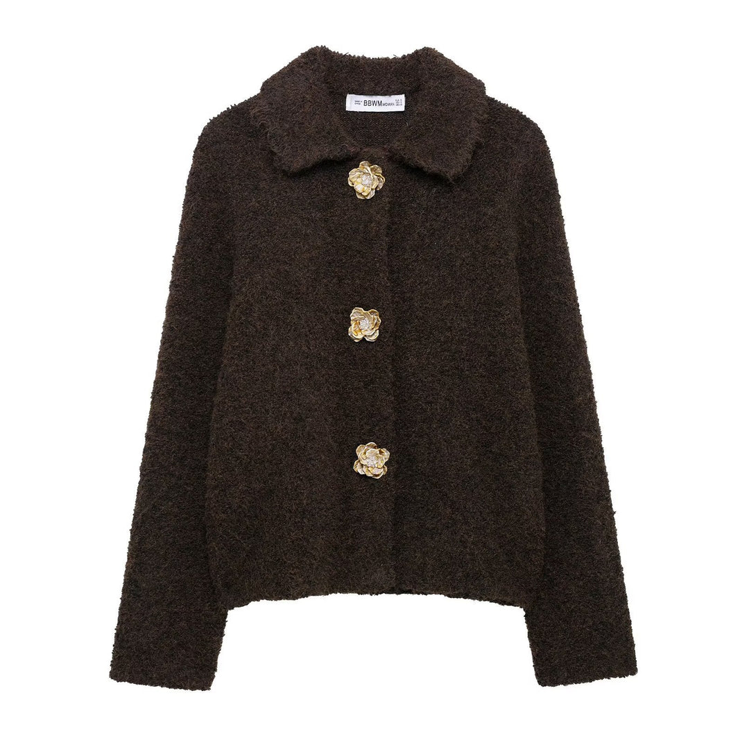 Damen Teddyjacke mit eleganten Blumenknopfdetails EB