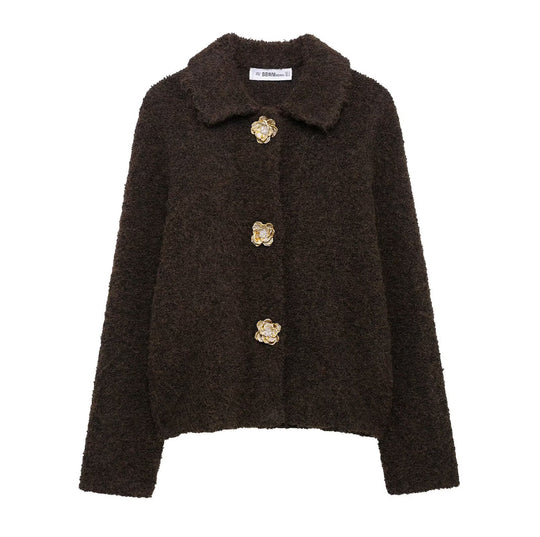 Damen Teddyjacke mit eleganten Blumenknopfdetails EB