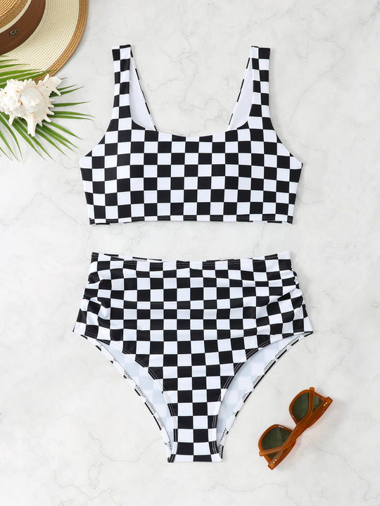 Damen Hochband-Bikini-Set mit kariertem Design EB