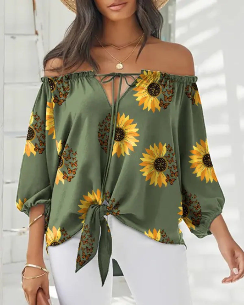 Damen Off-Shoulder Bluse mit floralem Design und Bindegürtel EB