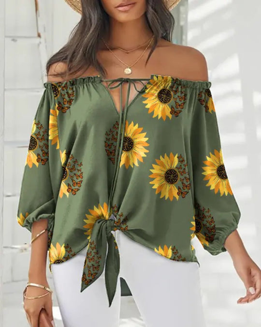 Damen Off-Shoulder Bluse mit floralem Design und Bindegürtel EB