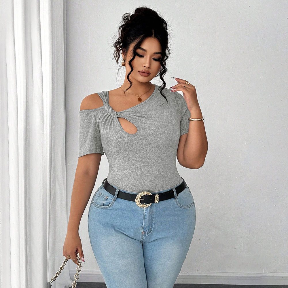 Damen Figurbetontes Kurzarm-Body mit asymmetrischem Ausschnitt und Knotendetail EB