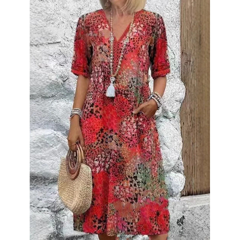 Damen Strandkleid im lässigen Stil mit Taschen und V-Ausschnitt EB