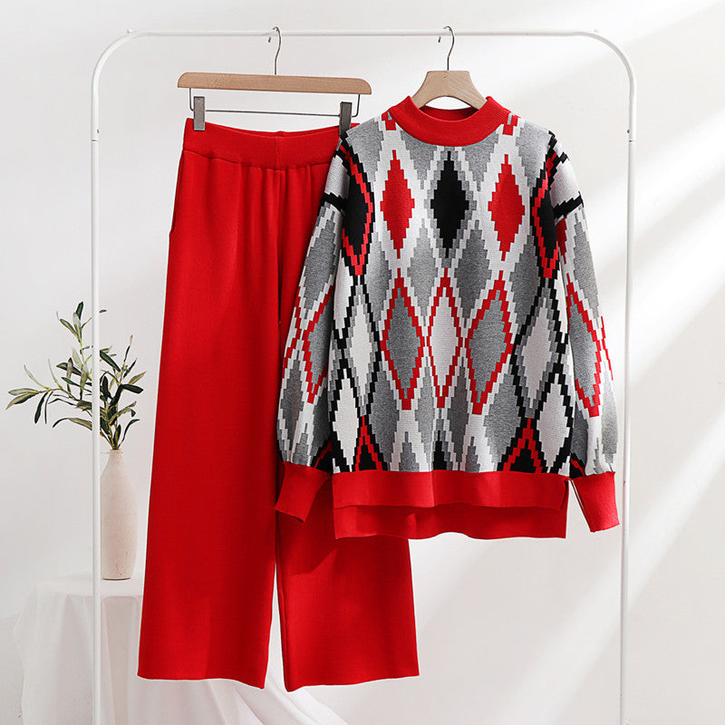Damen modisches Strick-Loungewear-Set mit geometrischem Muster und weitem Schnitt EB