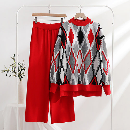 Damen modisches Strick-Loungewear-Set mit geometrischem Muster und weitem Schnitt EB