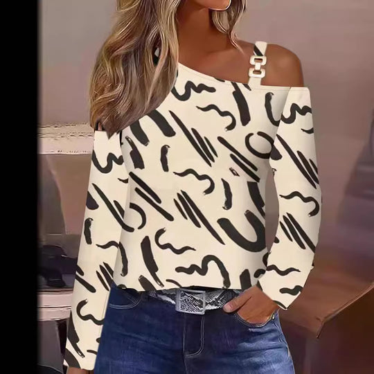 Damen Off-Shoulder Oberteil mit modischem Muster und dekorativen Trägern EB