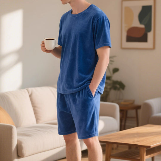 Herren nan Samtvelours Lounge-Set mit Rundhals-Kurzarmshirt und Kordelshorts EB