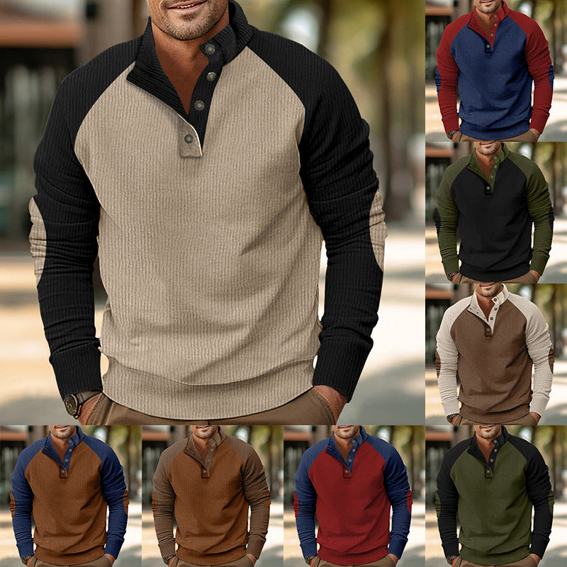 Herren Warmer Waffelstruktur-Henleypullover mit Kontrast-Raglanärmeln & Stehkragen EB