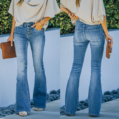 Damen High-Waist Flared Jeans mit dekorativen Knöpfen EB